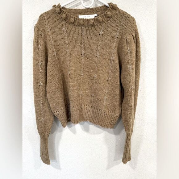 Astr the Label Scallop Hem Pom Pom Biscuit Cable Knit Sweater Stripe Accent, XL - Picture 2 of 7